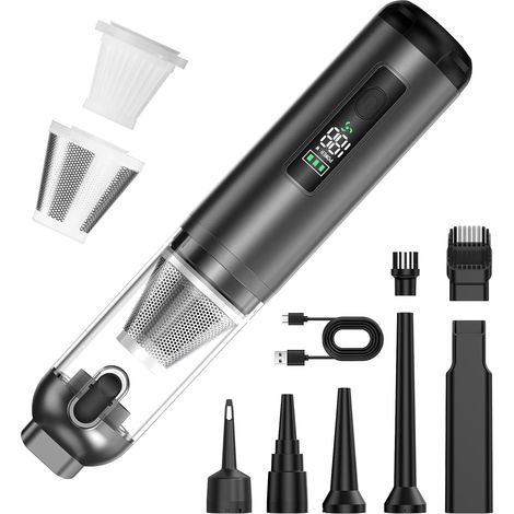 Aspiradora portátil para coche, aspiradora inalámbrica de mano de 16000 PA, aspiradora 2 en 1 para coche, pantalla LED de batería, 3 niveles de succión para limpiar esquinas y pequeños residuos. (1/5)