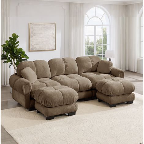 Canapé d’angle modulable 3 places marron en chenille avec ottomane mobile et coussins amovibles (1/5)