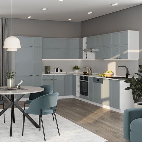 Cocina esquinera Fame-Line, Azul claro-gris-blanco, 347 x 257 cm sin encimera, Vicco (1/5)