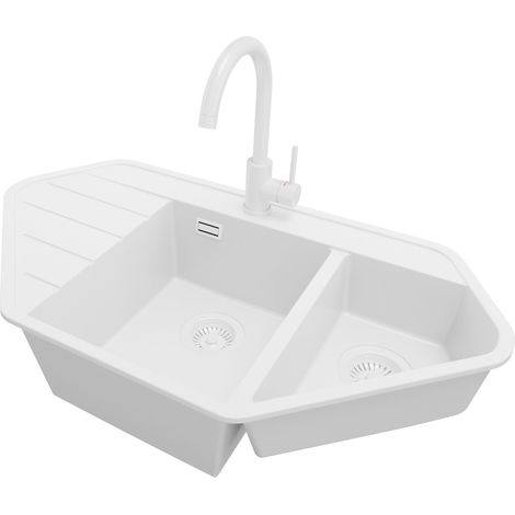 PRIMAGRAN Evier d'angle en Granit 90x50cm, Lavabo Cuisine 1,5 bacs + Kit de Vidage + Accessoire, Évier à Encastrer au meuble 80cm, Tout Blanc