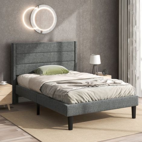MINKUROW Letto Imbottito 90 X 200 Cm, Giroletto Con Rete A Doghe E Testiera, Letto Matrimoniale Imbottito, Rivestimento In Tessuto Di Lino Grigio, Design Moderno Senza Tempo, Letto Adolescente (1/5)