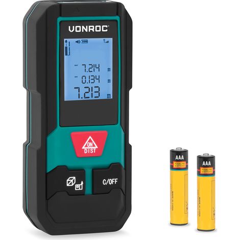 VONROC Laser-Entfernungsmesser – Reichweite 20 Meter – Kompaktes Format – Misst Entfernung, Fläche, Volumen – Pythagoras-Modus – Einstellbare Messreferenz – Inkl. Batterien