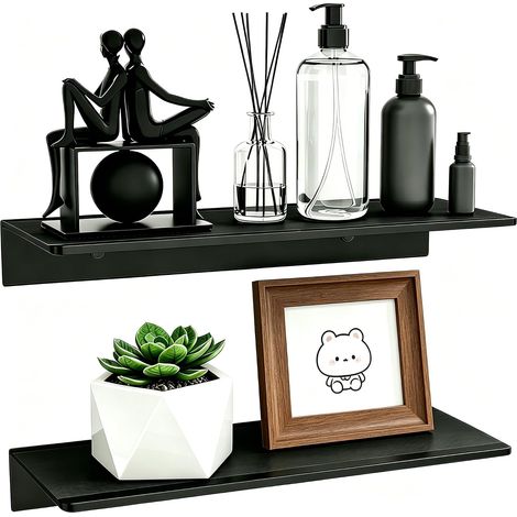 Lot 2 Étagère Murale Métal Noir, pour Cadres, Figurines, Shampoing 30cm Tablette Murale Déco, Aluminium Épais Étanche Antirouille, Robuste Durable, Charge 10kg (1/5)