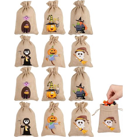 Sacs à Bonbons Halloween 12 pcs, Sachets Toile de Jute avec Cordon, Emballages Cadeaux Durables et Réutilisables, Idéals pour Fête des Sorcières et Truc ou Trait (1/5)