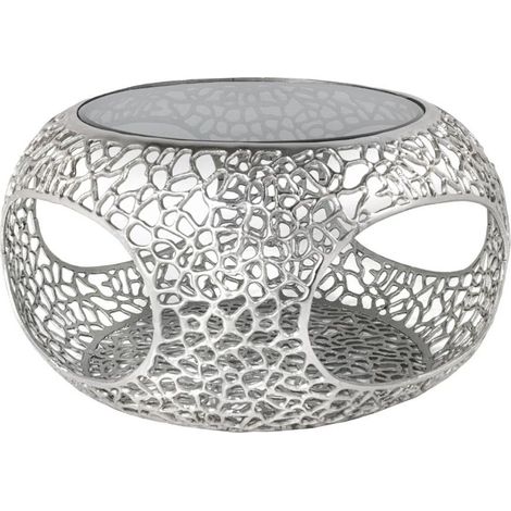 Couchtisch METRIX rund 74 cm silbern mit schwarzer gehärteter Glasplatte – Design-Couchtisch mit Nischen