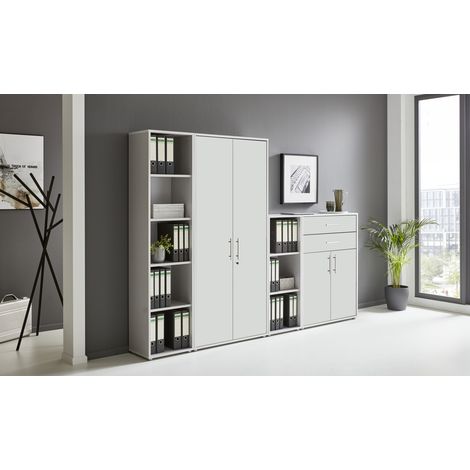 BMG Möbel abschließbare Regalwand/Schrankwand, Office Edition Set 22, grau/ weiß matt