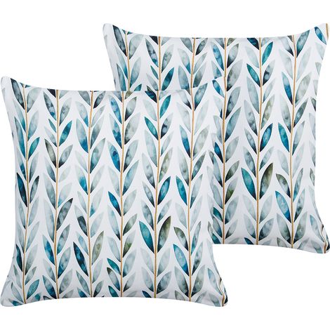 Conjunto de 2 cojines de jardín almohada de exterior 45 x 45 cm poliéster motivo hojas blanco y verde Loano
