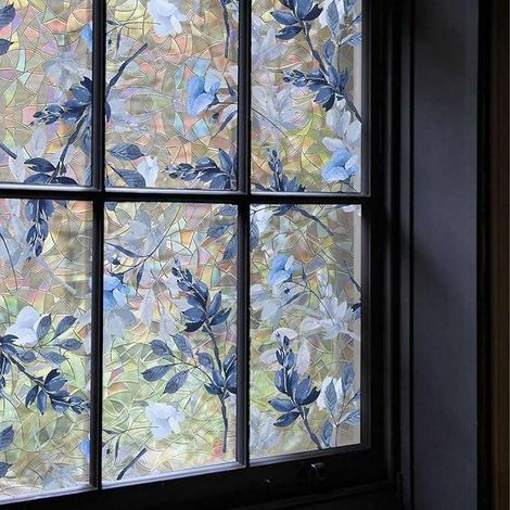 Blickdichte, selbstklebende Fensterfolie 75x300cm mit blauem Blättermuster