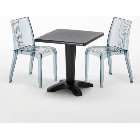 Tavolino Quadrato Nero 70x70 cm con 2 Sedie Colorate Trasparenti Dune Balcony - Trasparente Nero Antracite