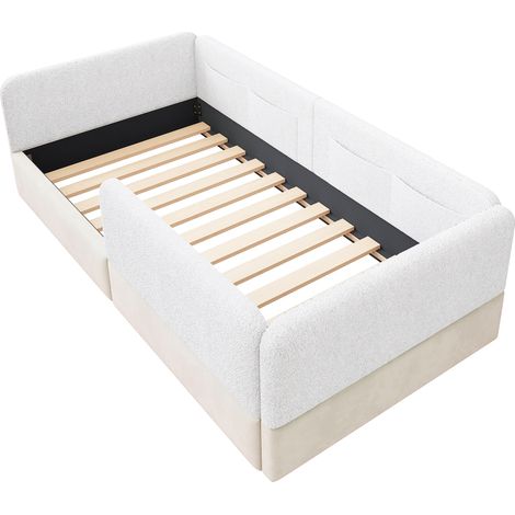 Letto piattaforma imbottito 90x200 cm con barriera di protezione e tasche, bianco (1/5)