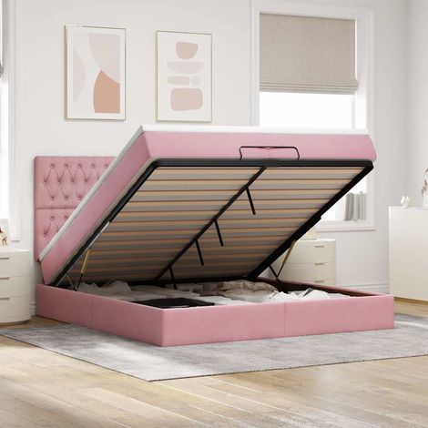 Estructura de cama otomana colchones terciopelo rosa 200x200cm (1/5)
