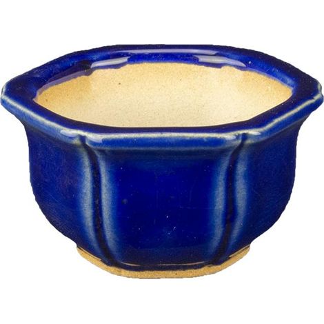 Vaso per bonsai esagonale in gres smaltato blu 6x6x3,5 cm - SF4