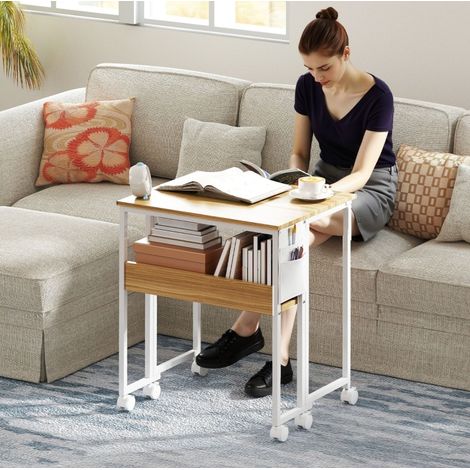 Bureau pliant en bois 63 x 50 cm naturel avec roulettes, gain de place et étagère (1/5)