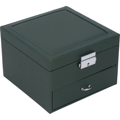Boîte à bijoux de rangement pour colliers, bagues et boucles d'oreilles grand tiroir à double compartiment avec serrure boîte à bijoux vert foncé. (1/5)
