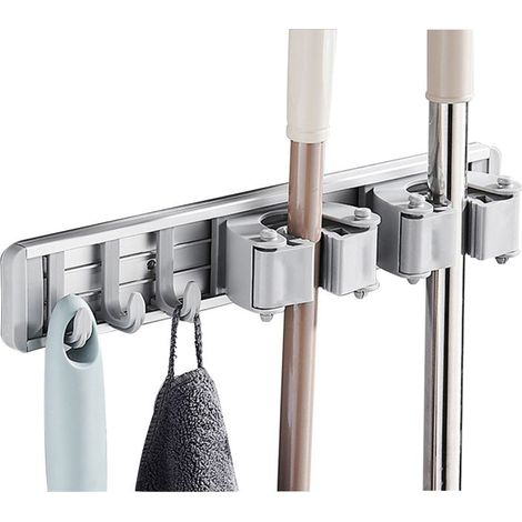 Besenhalter mit Haken, Wandmontage ohne Bohren oder Nägel, Aufbewahrungsorganizer aus Aluminium für Küche, Bad und Garten. (1/5)