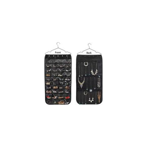 Organisateur de bijoux suspendu, double face, 40 poches et 20 crochets auto-agrippants, porte-colliers, organisateur de chaînes pour boucles d'oreilles, colliers, bracelets et bagues, noir (1/5)