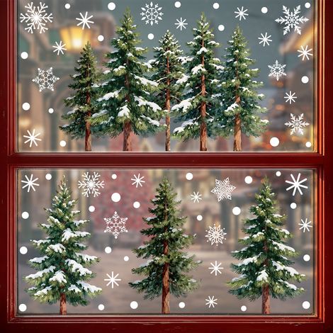 Décoration hivernale pour la maison : autocollants sapin de Noël, autocollants forêt de pins enneigée, autocollants pour portes vitrées, autocollants électrostatiques flocons de neige blancs pour fenê