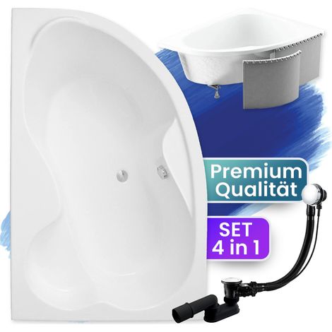 Badewanne Eckbadewanne 160x105 Links mit Styroporverkleidung, Ablauf & Füße GRATIS - Komplettset 4in1 Original Acryl Wanne Siphon - BADLAND MEGA (1/5)