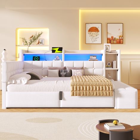 Lit banquette 140x200 velours avec rangement hydraulique - led et usb-c - tablette et banc coffre - sans matelas - blanc (1/5)