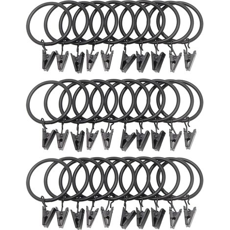 Lot de 30 anneaux de rideau en métal avec clips, diamètre intérieur 39 mm, pour suspendre des rideaux et des nœuds, noir (1/4)