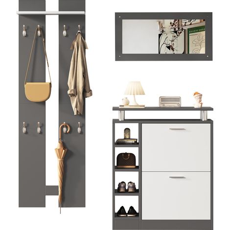 ELVMI Set per Ingresso con 1 Scarpiera, 2 Pannelli, 1 Mensola e 1 Specchio, Pannello Truciolare, Grigio e Bianco (1/5)