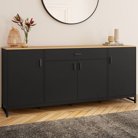 Aparador WASHINGTON XXL de 180 cm con 4 puertas y 1 cajón, madera y negro