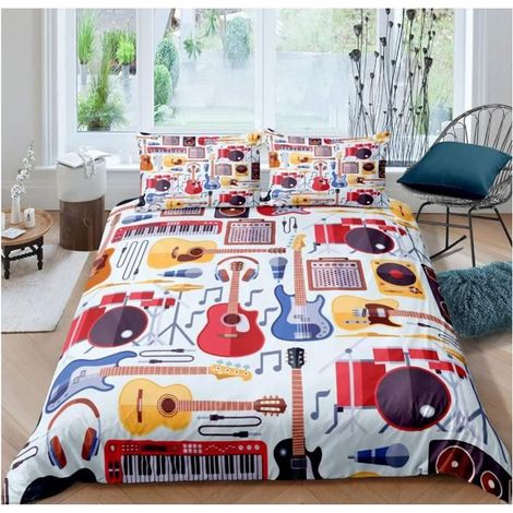 Guitare Parure de Lit 200x200cm Musique Thème Housse de Couette Coloré Musical Pattern Ensembles de Housse de Couette - XB1 (1/4)
