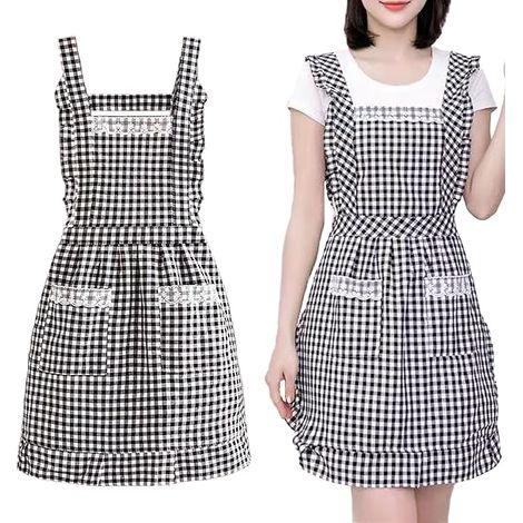 Tablier en coton pour femme — avec 2 poches et un design en filet — bretelles réglables — idéal pour la cuisine, le jardin et la restauration — tablier anti-éclaboussures (1/5)