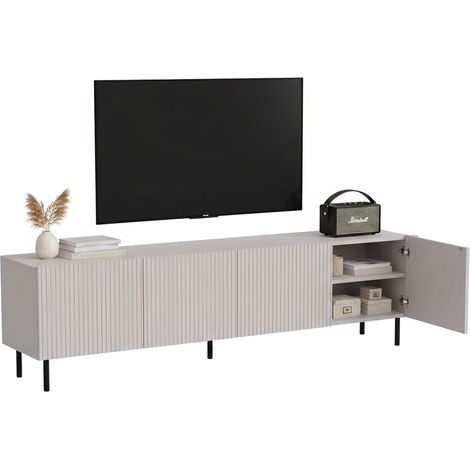 Mobile porta TV Priocca, Madia da salotto con quattro ante battenti, Rialzato da terra, 200x42 h52 cm, Beige