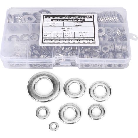 Kit de 720 rondelles plates en acier inoxydable 304, assortiment de joints à ressort argentés M3-M12 (1/5)
