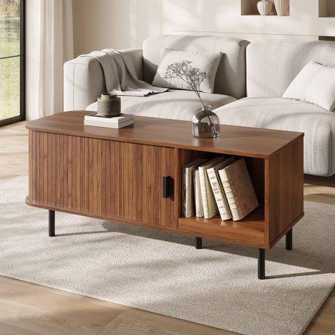 Table basse 110 x 40 x 55 cm, porte coulissante à lamelles et niche ouverte, en MDF et panneaux de particules, salon, noyer (1/5)