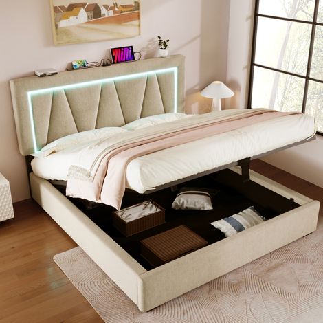 DESVIAE Lit double coffre avec led usb et type c tête de lit réglable en tissu beige 140 x 200 avec sommier à lattes (1/5)