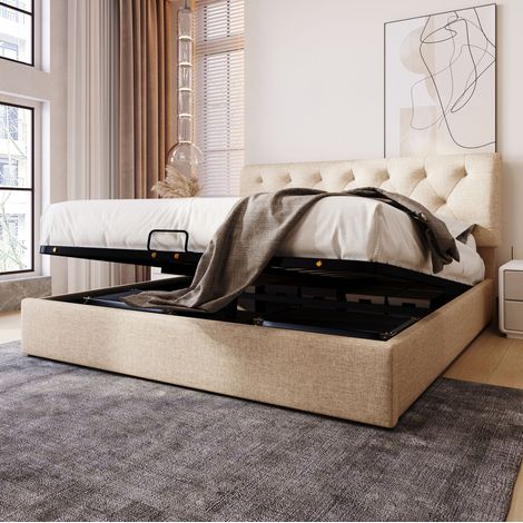 MODFU – Cama de matrimonio 140x200 cm de madera, lino y metal con arcón hidráulico, cabecero regulable y carga 220 kg – Natural (1/5)