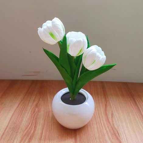 Veilleuse tulipe LED, bouquet simulé, décoration de chevet lumineuse pour chambre à coucher, modèle à piles (blanc) (1/4)