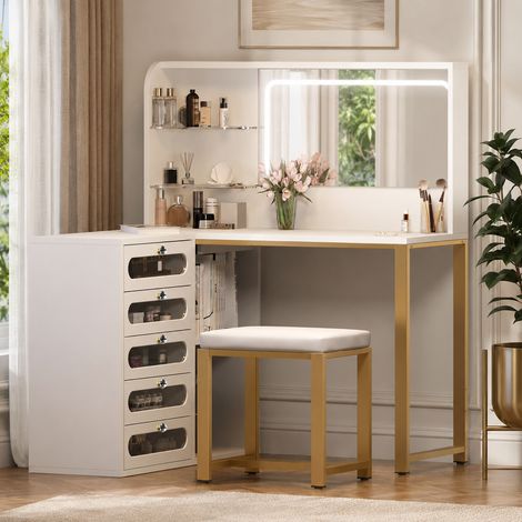 Coiffeuse en L 120×32×135cm,miroir LED,table de maquillage,5 tiroirs et tabouret,étagères réglables,coiffeuse table,style moderne, pieds en métal,pour chambres et dressings,Bois,Blanc (1/5)