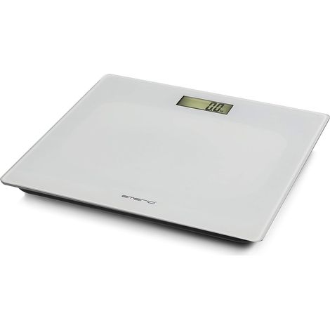 Emerio Pèse-personne numérique avec capteurs précis, technologie Step-on, avec 2 piles AAA, écran LCD, unités en kg/lb/st, jusqu'à max. 180 kg, ultra fin, arrêt automatique, verre blanc, 28 x 28 x 2 (1/5)