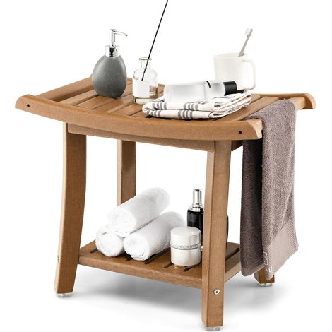 COSTWAY Tabouret Salle de Bain 2 Niveaux en PEHD Étanche, Banc de Douche Antidérapants Siège Incurvé pour Enfants et Adultes Charge Max 150kg, 60,5 x 34 x 48 cm (Brun) (1/5)
