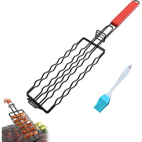 Grille de barbecue en acier inoxydable, pince pour 6 saucisses, pince à saucisses, support pour accessoires de barbecue, idéal pour les fêtes, la cuisine et le camping. La couleur du... (1/5)