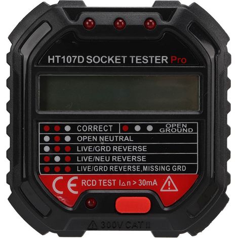 Testeur de prise multifonction HT107D avec affichage numérique et détecteur de fil de terre électrique. Prise UE 90-250 V / 45-65 Hz. (1/5)