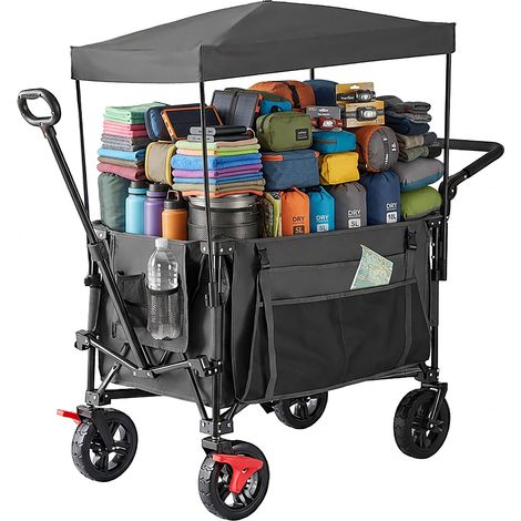 Relaxdays folding wagon, 150 kg, removable canopy, telescopic & push handle, rubber tyres with brakes, grey