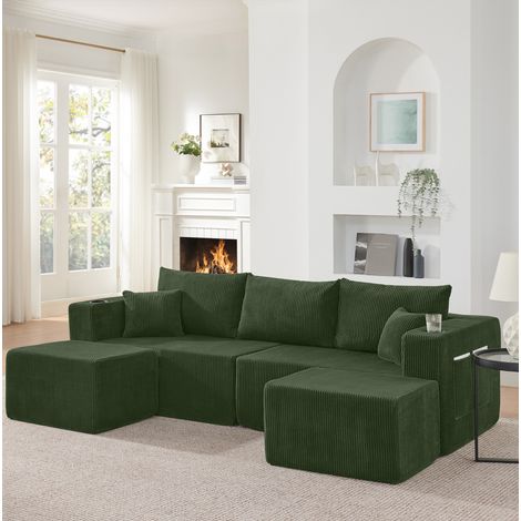 Modulares Ecksofa 3-Sitzer mit 2 beweglichen Ottomane, grüner Cord HAVRYA (1/5)