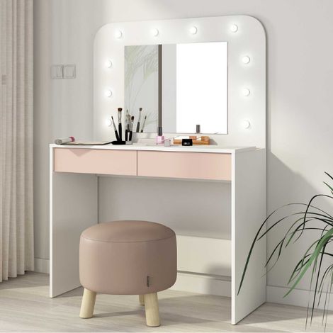 Coiffeuse Holly avec miroir et éclairage 2 tiroirs aggloméré - (1/5)