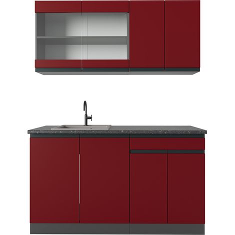 Singleküche R-Line, Rot/Anthrazit, 140 cm , AP Anthrazit, Vicco