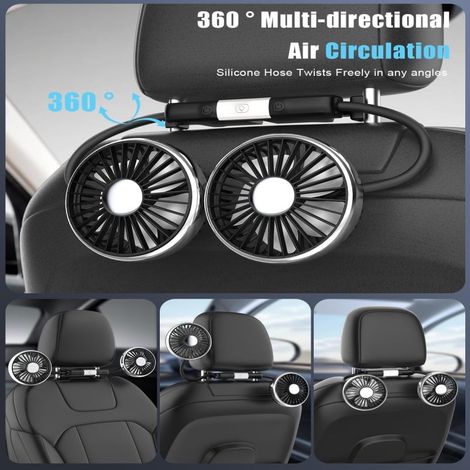 Ventilateur double tête pour siège arrière : ventilateur USB pour sièges auto bébé à l'arrière, avec 2 têtes et éclairages indépendants, 3 vitesses, ventilateur rotatif (1/3)