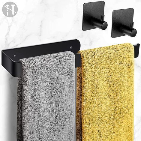 Porte-serviettes sans perçage, noir, 32 cm, auto-adhésif avec 2 crochets, pour salle de bain, cuisine et WC. (1/5)
