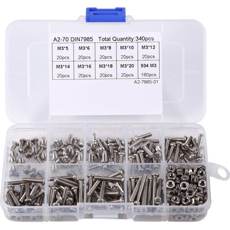 M3 Coffret de 340pcs Assortiment Vis Boulon Tête Ronde Fraisée Phillips Cruciforme Entièrement Filetée en Acier Inoxydable 304 avec Ecrous Hexagonals, M3 x 5/6/8/10/12/14/16/18/20mm (1/5)