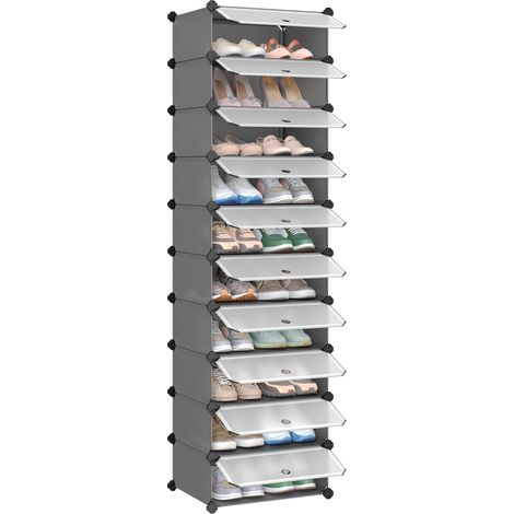 Meuble à Chaussures avec 10 Compartiments Rectangulaires, pour 20 Paires, Étagère Modulable en Plastique, Boîte à chaussures, avec Porte, Maillet, Rangement, Gris LPC010G01 (1/5)