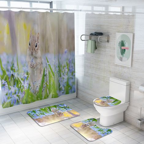 Ensemble rideau de douche imperméable et coussin de siège de toilette quatre pièces, série Animaux, M1 (1/3)