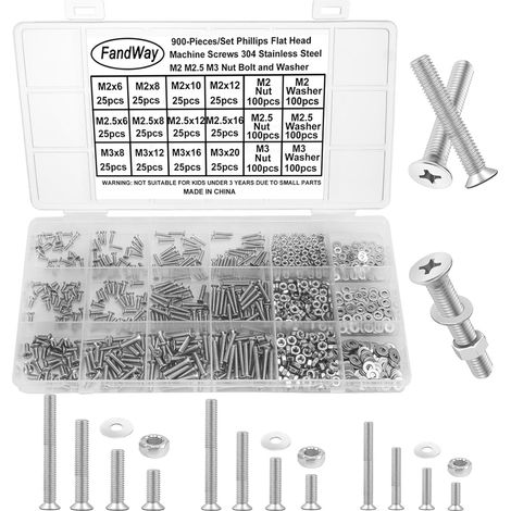 M2 M2.5 M3 Vis à Métaux et écrous,900 Pièces Vis à Tête Plate Croix,Boulon et écrous Rondelles,Boulon à Tête Fraisee Cruciforme Entièrement Filetées en Acier Inoxydable 304. (1/5)