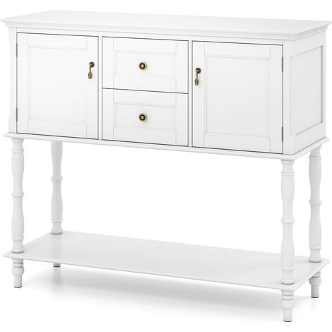 Table Console d'Entrée avec 2 Portes 2 Tiroirs, Plateau Spacieux, Étagère Ouverte, Poignées, Pieds Tournés en Pin, Style Vintage, Blanc (1/5)